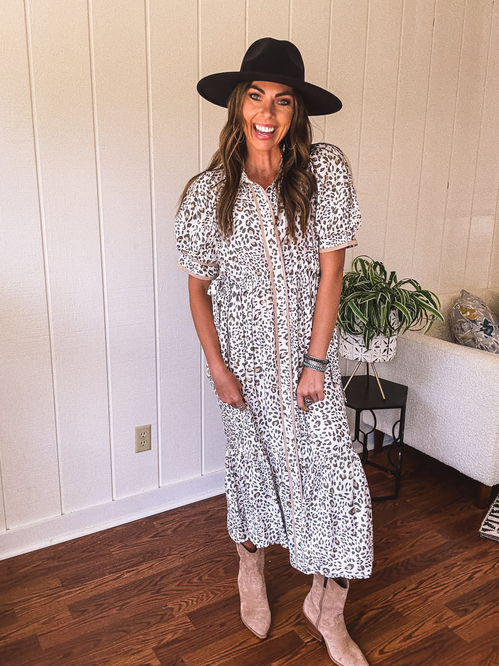 Cream Whimsical Leo Midi Button Front Dress