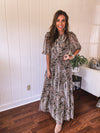 Olive Woven Print Tiered Maxi Dress Flutter Sleeve