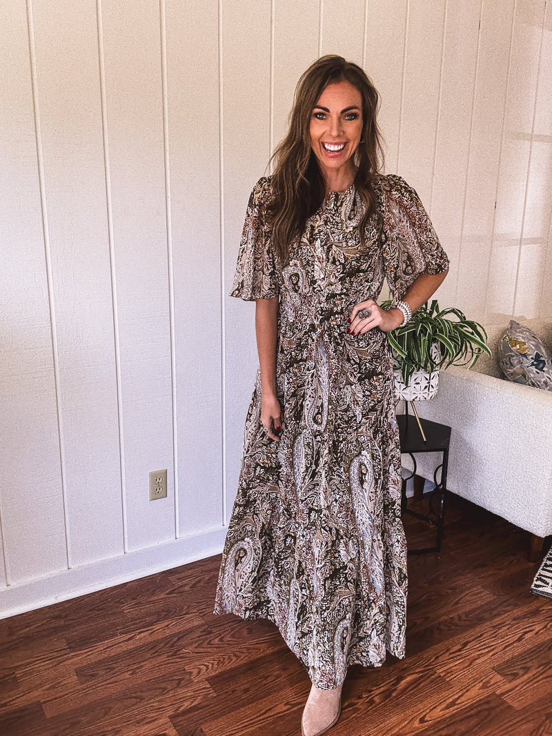 Olive Woven Print Tiered Maxi Dress Flutter Sleeve