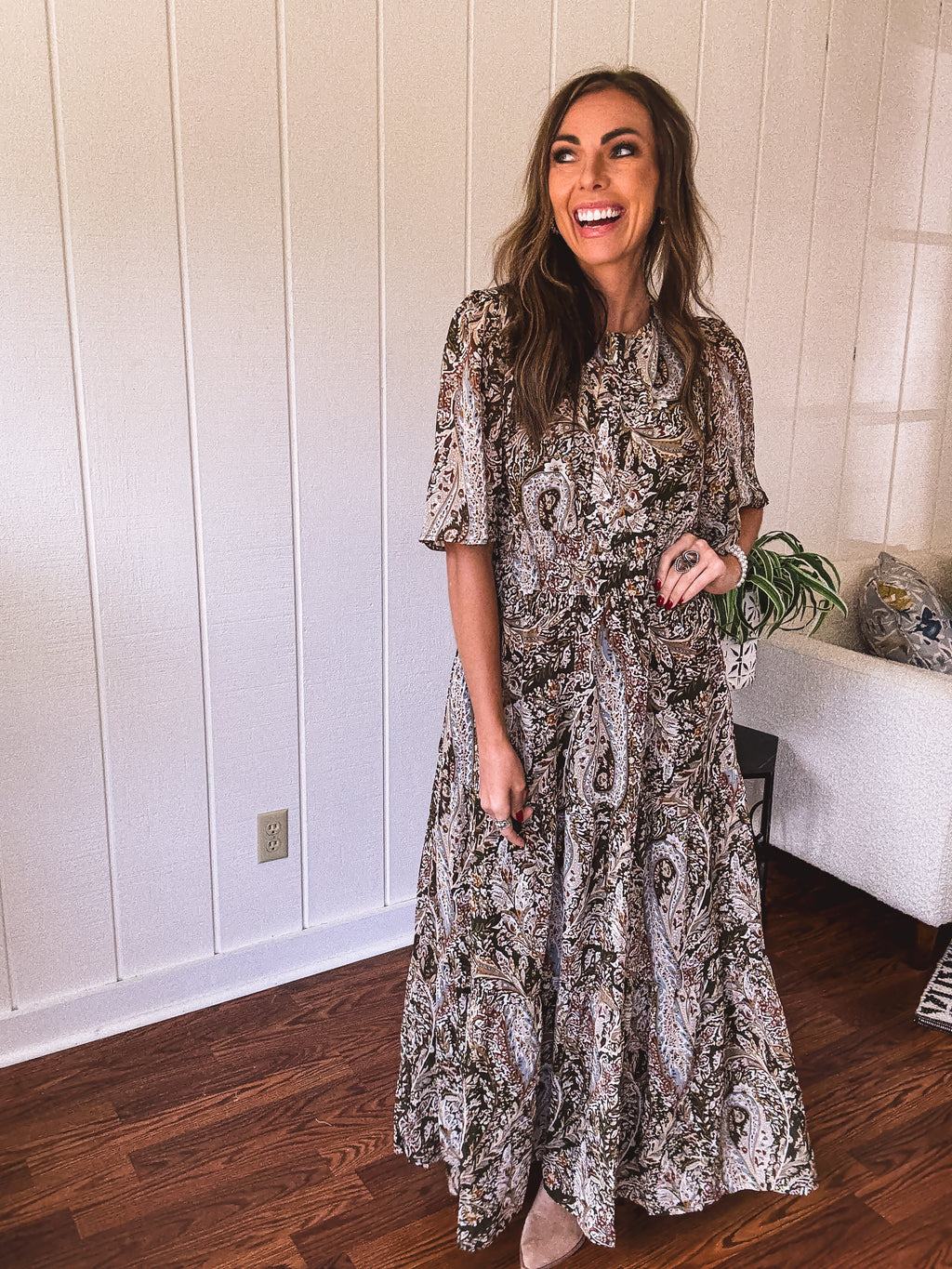 Olive Woven Print Tiered Maxi Dress Flutter Sleeve