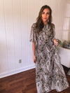 Olive Woven Print Tiered Maxi Dress Flutter Sleeve