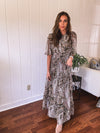 Olive Woven Print Tiered Maxi Dress Flutter Sleeve
