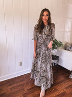 Olive Woven Print Tiered Maxi Dress Flutter Sleeve