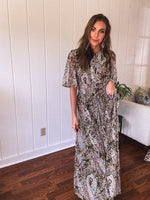 Olive Woven Print Tiered Maxi Dress Flutter Sleeve