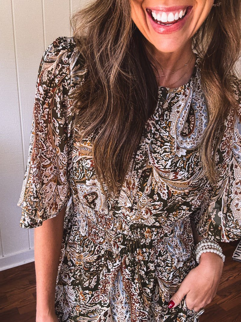 Olive Woven Print Tiered Maxi Dress Flutter Sleeve