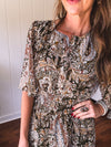 Olive Woven Print Tiered Maxi Dress Flutter Sleeve