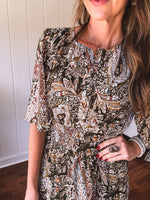 Olive Woven Print Tiered Maxi Dress Flutter Sleeve