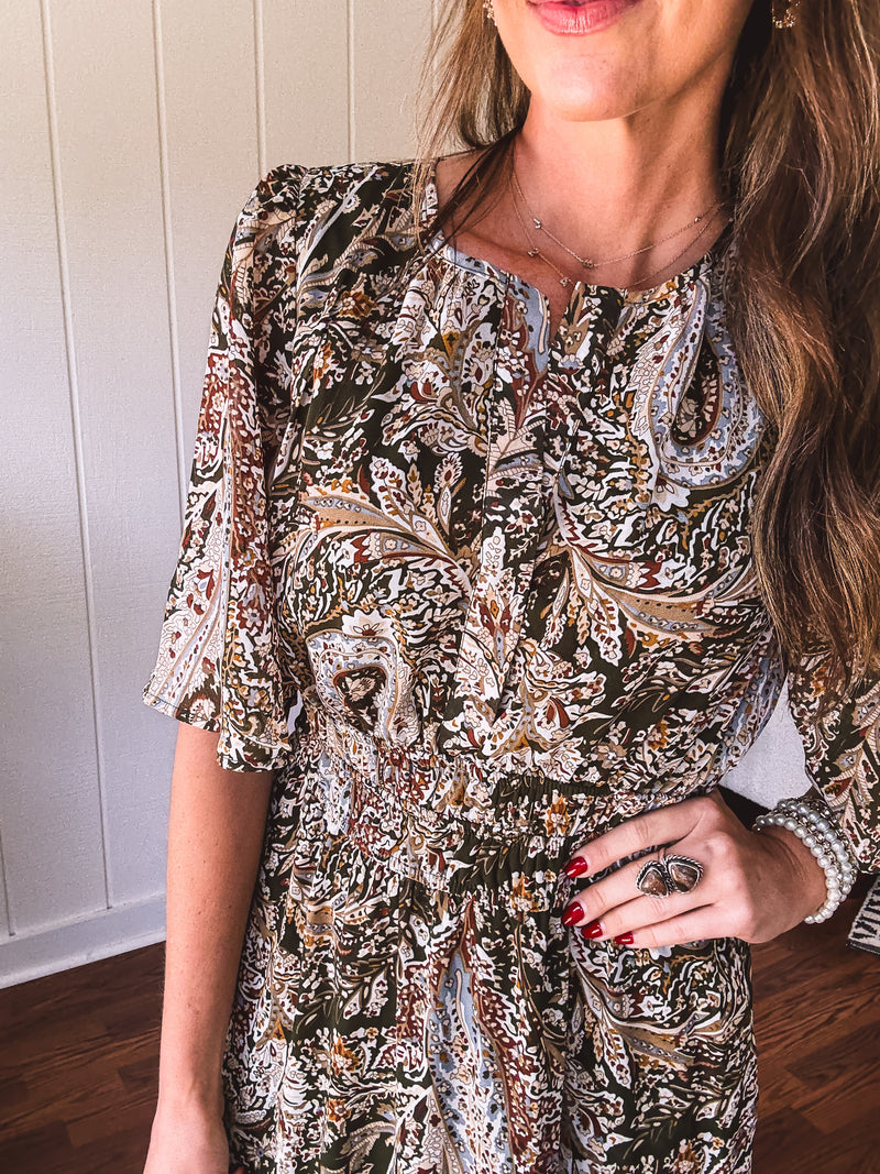 Olive Woven Print Tiered Maxi Dress Flutter Sleeve