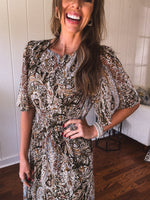 Olive Woven Print Tiered Maxi Dress Flutter Sleeve
