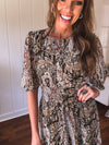 Olive Woven Print Tiered Maxi Dress Flutter Sleeve