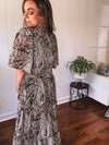 Olive Woven Print Tiered Maxi Dress Flutter Sleeve
