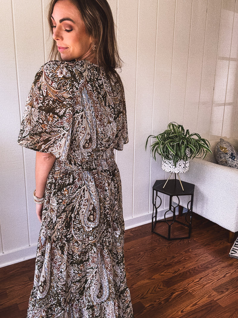 Olive Woven Print Tiered Maxi Dress Flutter Sleeve