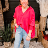 Raspberry Collared Flowy Top with Smock Cuff