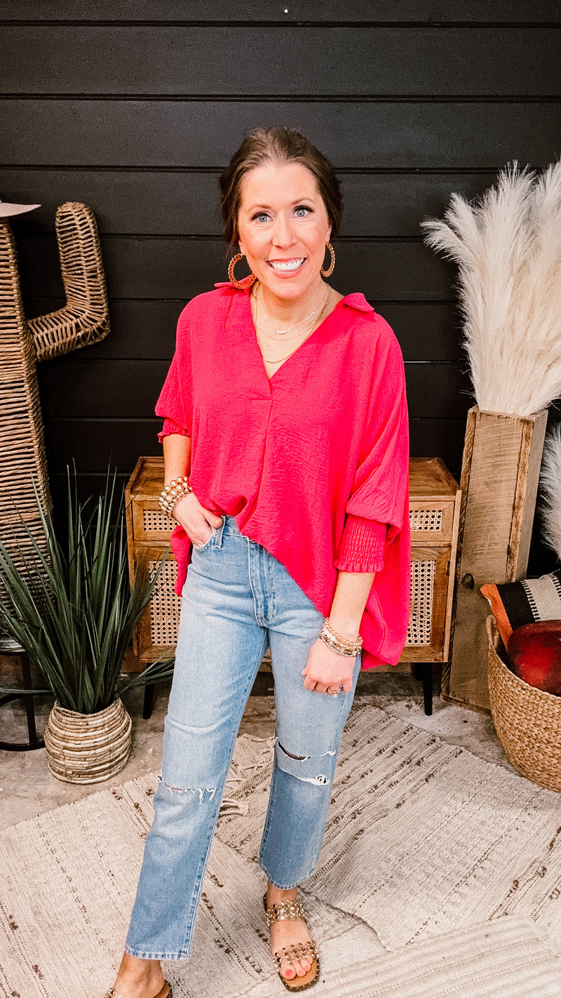 Raspberry Collared Flowy Top with Smock Cuff