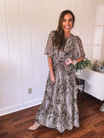 Olive Woven Print Tiered Maxi Dress Flutter Sleeve