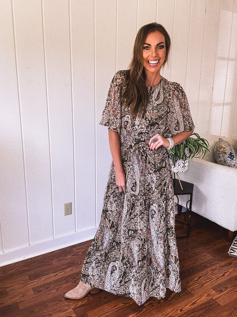 Olive Woven Print Tiered Maxi Dress Flutter Sleeve