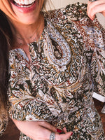 Olive Woven Print Tiered Maxi Dress Flutter Sleeve