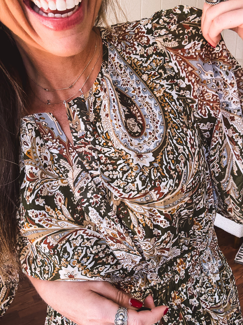 Olive Woven Print Tiered Maxi Dress Flutter Sleeve