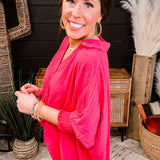 Raspberry Collared Flowy Top with Smock Cuff