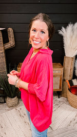 Raspberry Collared Flowy Top with Smock Cuff