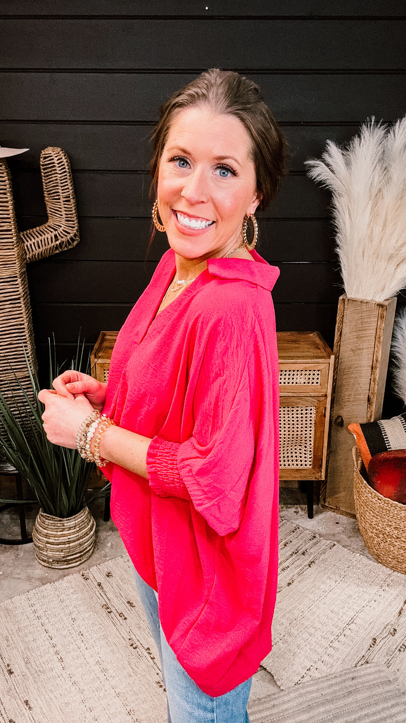 Raspberry Collared Flowy Top with Smock Cuff