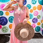 Red and white striped midi dress with sweetheart neckline and adjustable straps, wooden buttons and a wide strap, built-in elastic at the back and full lining.