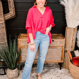 Raspberry Collared Flowy Top with Smock Cuff