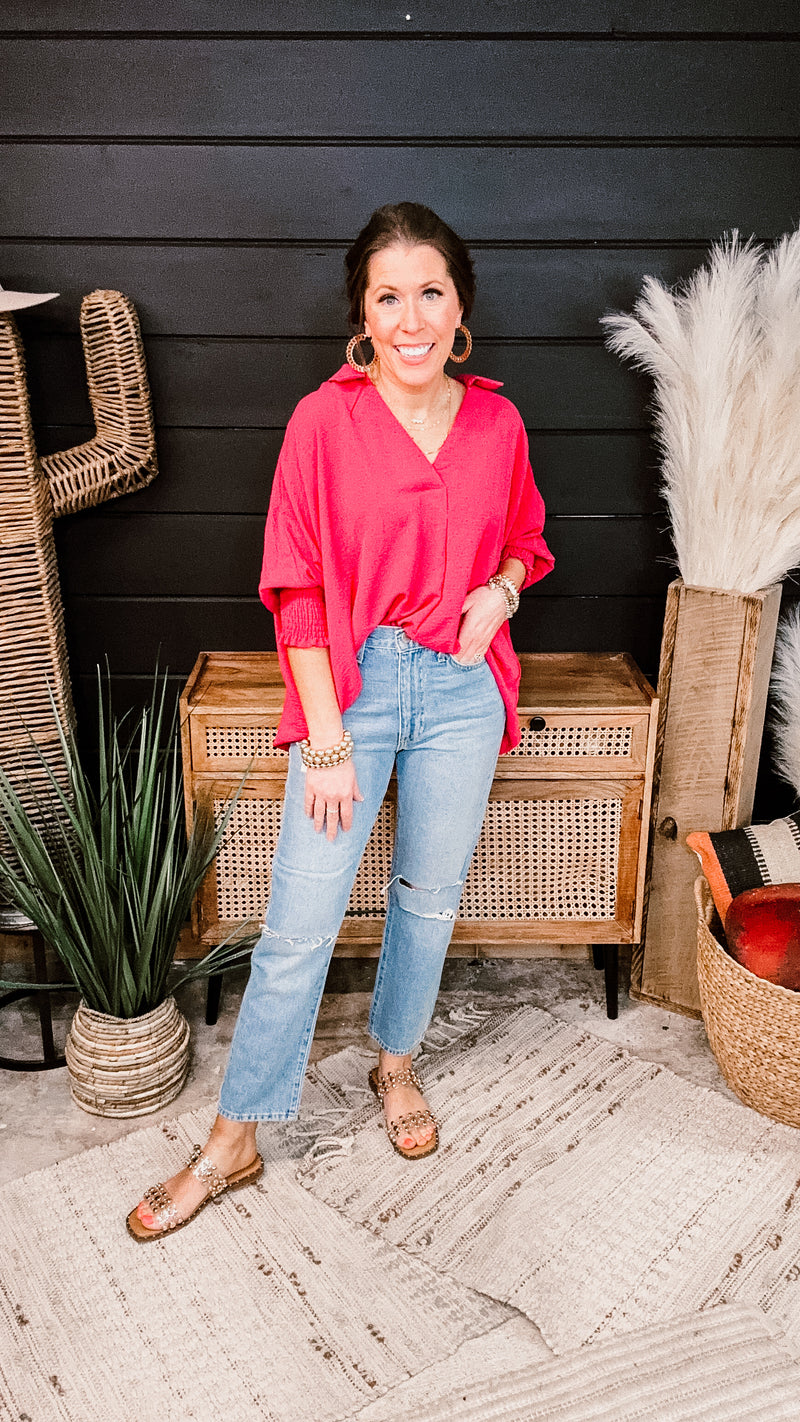 Raspberry Collared Flowy Top with Smock Cuff