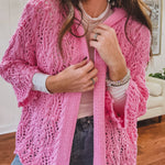 Crochet open weave, open front cardigan with hood.