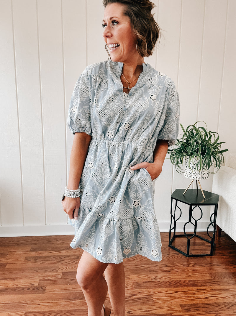 Baby Blue Damask Eyelet Dress