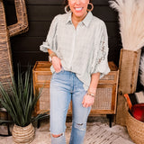 Light Sage Woven Shirt with Lace Sleeve Detail