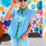Lightweight cotton blue and white striped flutter sleeve top with button down front and green trim at the collar and placket.