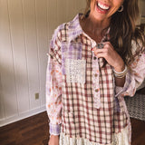 That's So Vintage Pink Plaid Patchwork Mix Button Up