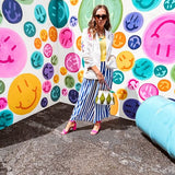 Blue and white striped wide leg pants with elastic back waist and flat front with large side pockets.