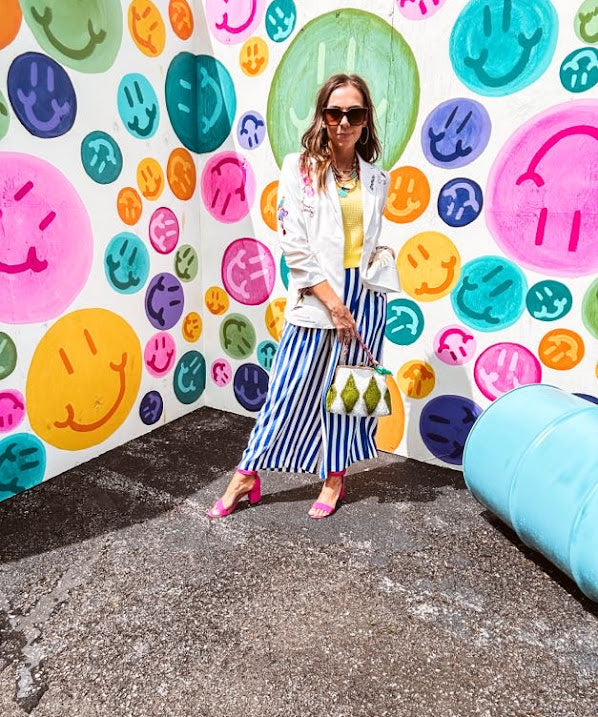 Blue and white striped wide leg pants with elastic back waist and flat front with large side pockets.