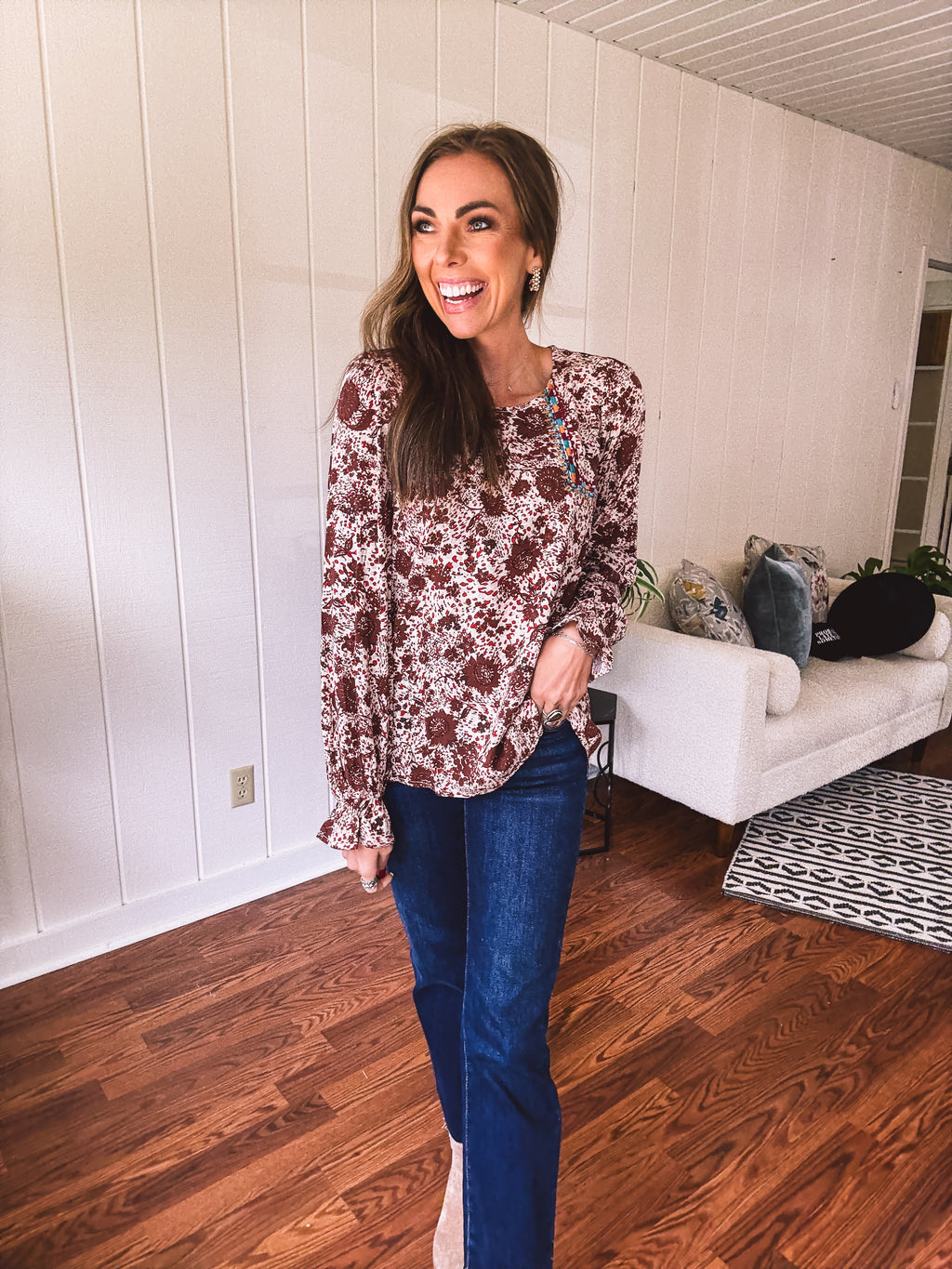 Amber Mix Print Square Yoke Embroidered Top