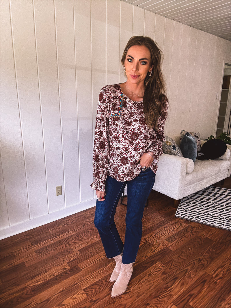 Amber Mix Print Square Yoke Embroidered Top