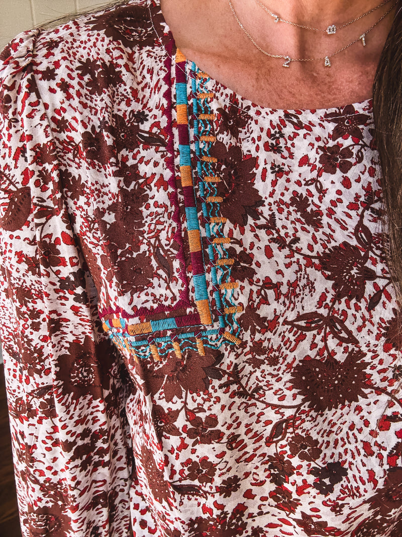 Amber Mix Print Square Yoke Embroidered Top