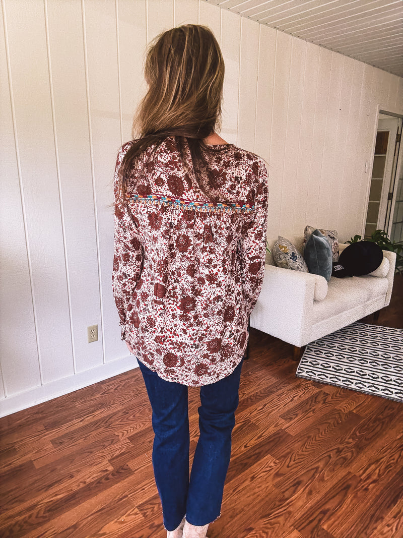 Amber Mix Print Square Yoke Embroidered Top