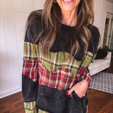 Black Washed Double Layer Plaid Mix Crew