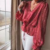 Red + White Mini Leo Print V Neck Blouse with Tie Waist