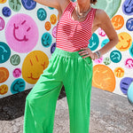 Ribbed texture deep U shaped neckline tank with striping detail and 1/4 button front, U shaped hem.