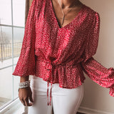 Red + White Mini Leo Print V Neck Blouse with Tie Waist
