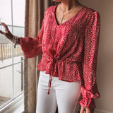 Red + White Mini Leo Print V Neck Blouse with Tie Waist