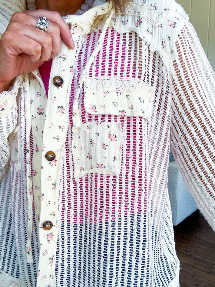 Cream windowpane jacket with dainty pink floral patchwork throughout and matching hoodie with button down front and drawstring waist.