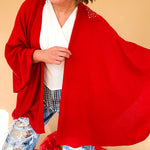Warm red soft shawl with a sequined strap for a pull through, wrap design.