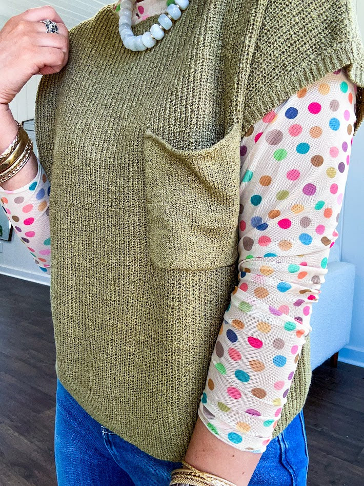 Lightweight dolman style cropped knit sweater with short sleeves, front pocket and available in three colors.