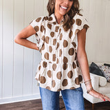Lightweight and flowy cream top with khaki polka dots throughout with flutter sleeve 3/4 button down front and ruffle hem with pintucking down the placket.
