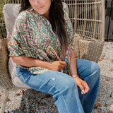 Dry Herb Aztec Print Button Down Silk Blouse