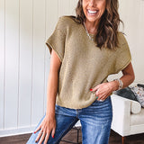 Olive woven drop shoulder sweater blouse with short sleeves and V shaped design n the front.